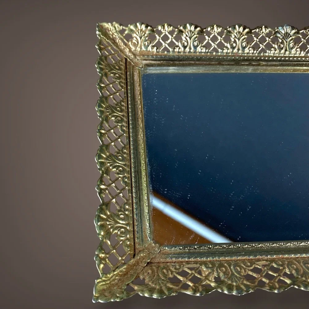 Gold Filigree Mirrored Vanity Tray Footed Hollywood Regency 1960s